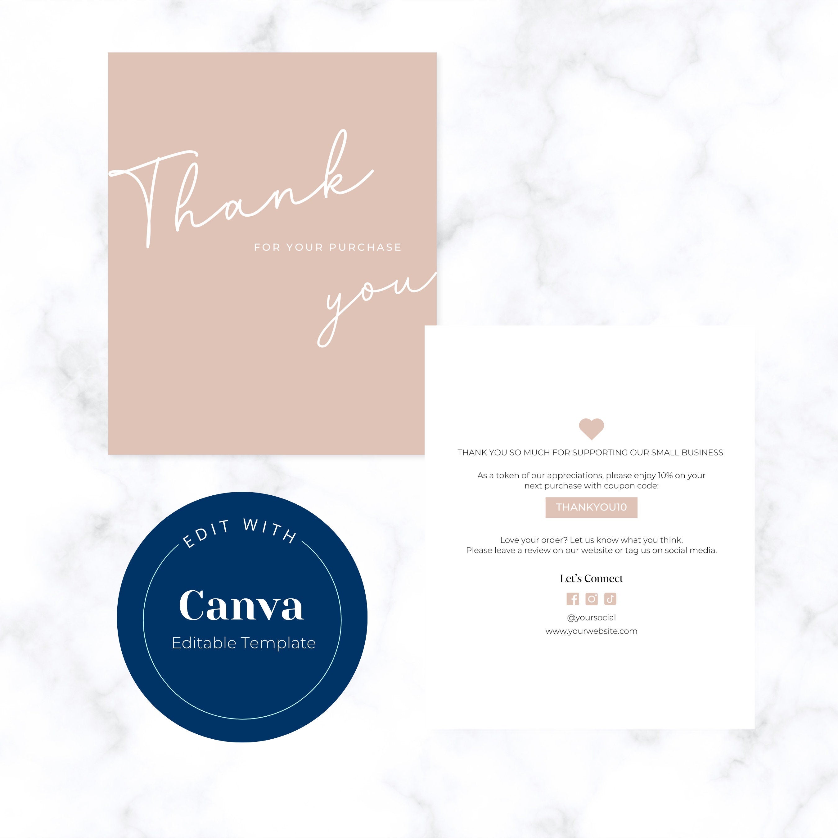 Tan Elegant Thank you Card (Vertical) 4.5 x 5.5, Editable or Printable Business Package Insert Card Canva Template