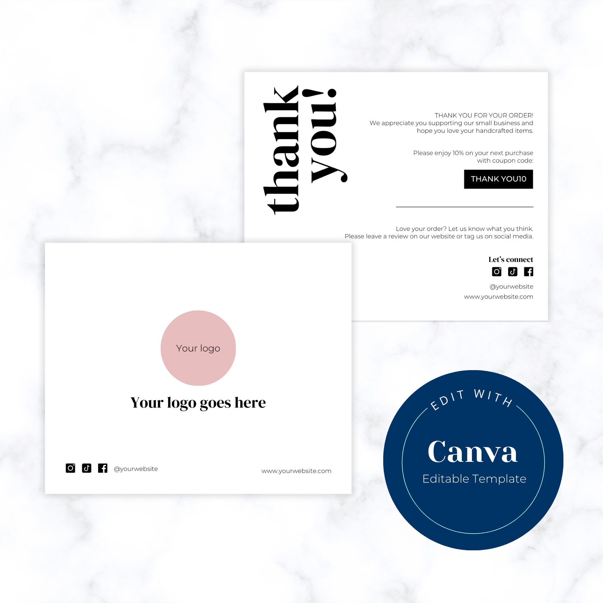 Minimalistic Thank you Card (Horizontal) 5.5 x 4.5, Editable or Printable Business Package Insert Card Canva Template